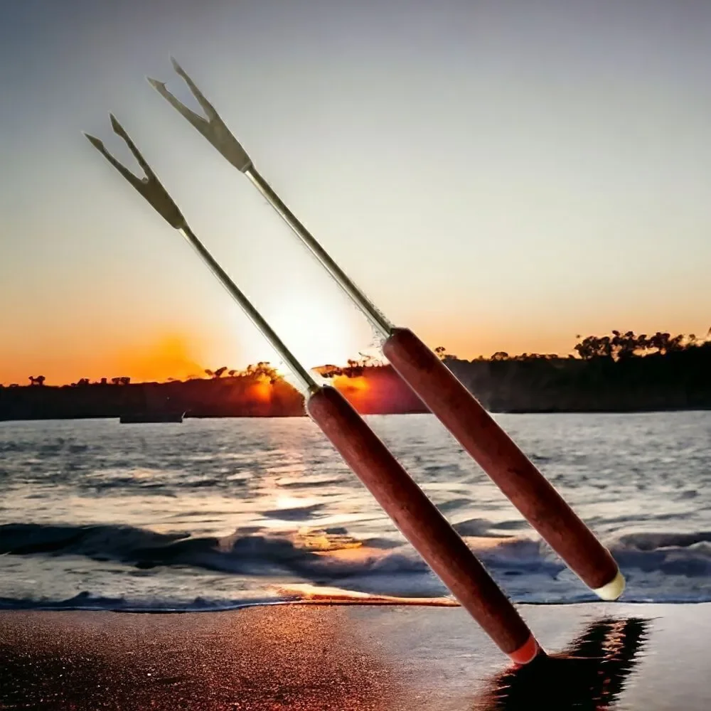 2 Teak Fondue Forks Skewers Picks Appetizer Cocktail Seafood‎ Stainless Steel